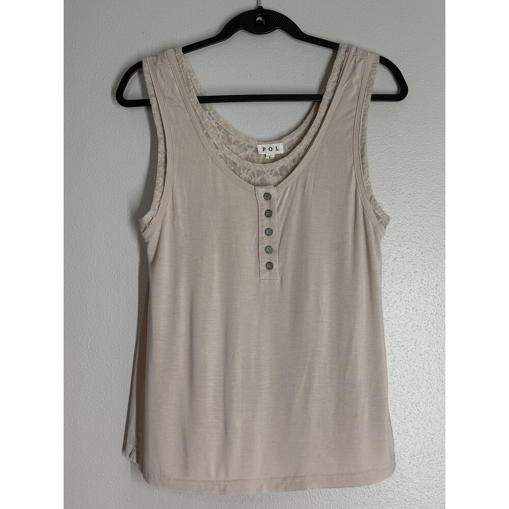 POL Jersey Henley Tank Top Lace Layer Beige Boho Cottagecore Sleeveless